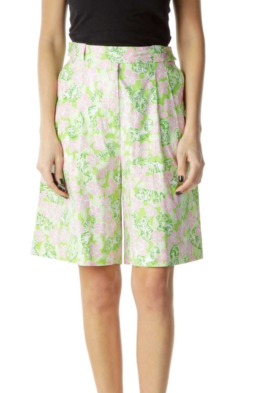 Vintage 90s Lilly Pulitzer green and pink Tiger Cloud bermuda cotton shorts